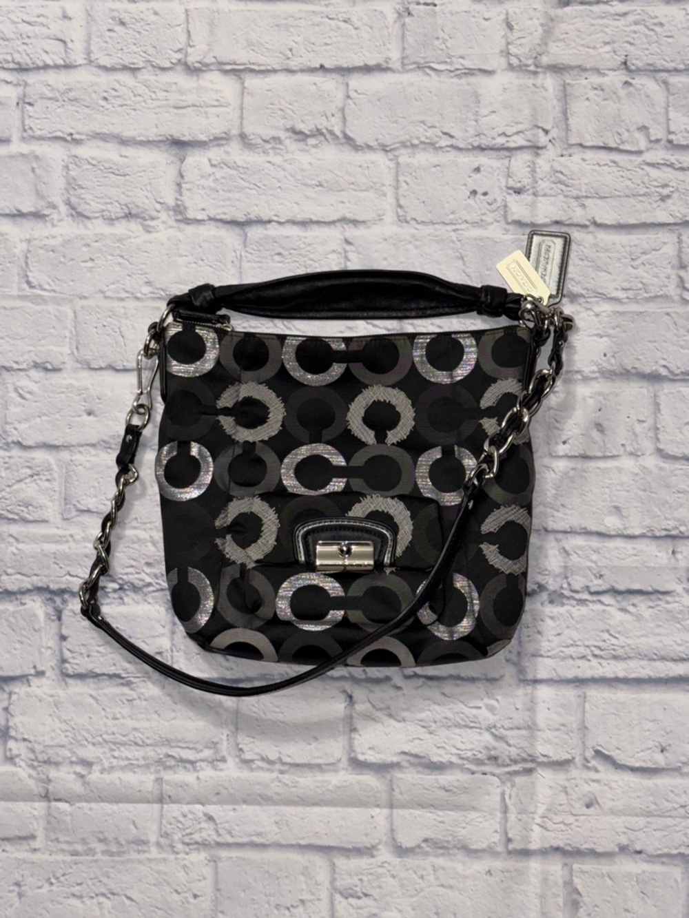 Coach Black Shoulder Bag with Silver Circle Print